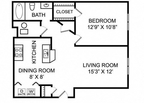 Floor plan for 1 bed, 1 bath, 650 sqft